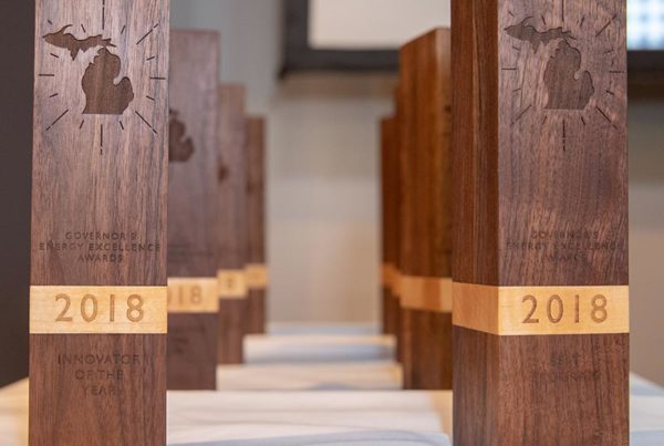 Physical awards given out at the Governor's Energy Excellence Awards made from reclaimed oak and maple.