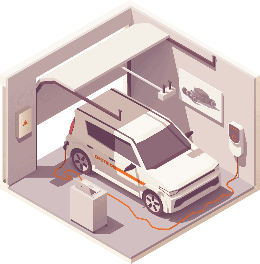Garage illustration with electric car parked inside